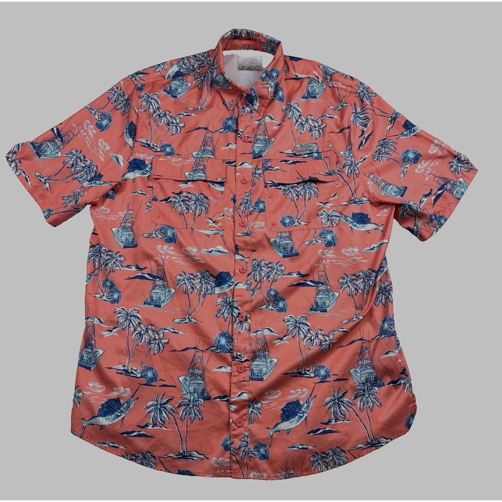 Hawaiian Short Sleeve Vented Fishing Shirt Men's Size Large Tall Ocean Coast